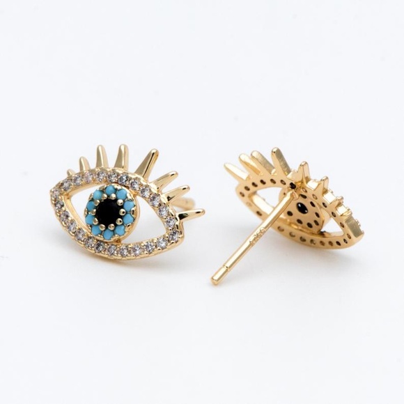 Evil Eye studs w/ gold tassel back earrings - Picture 3 of 8